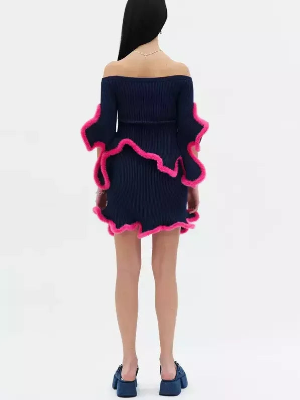 3D Fur-Trim Wavy Ribbed Knit Top and Skirt Set - Suits & Sets