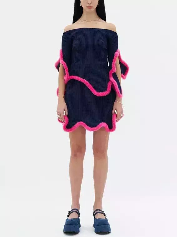 3D Fur-Trim Wavy Ribbed Knit Top and Skirt Set - Suits & Sets