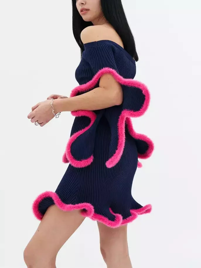 3D Fur-Trim Wavy Ribbed Knit Top and Skirt Set - Suits & Sets