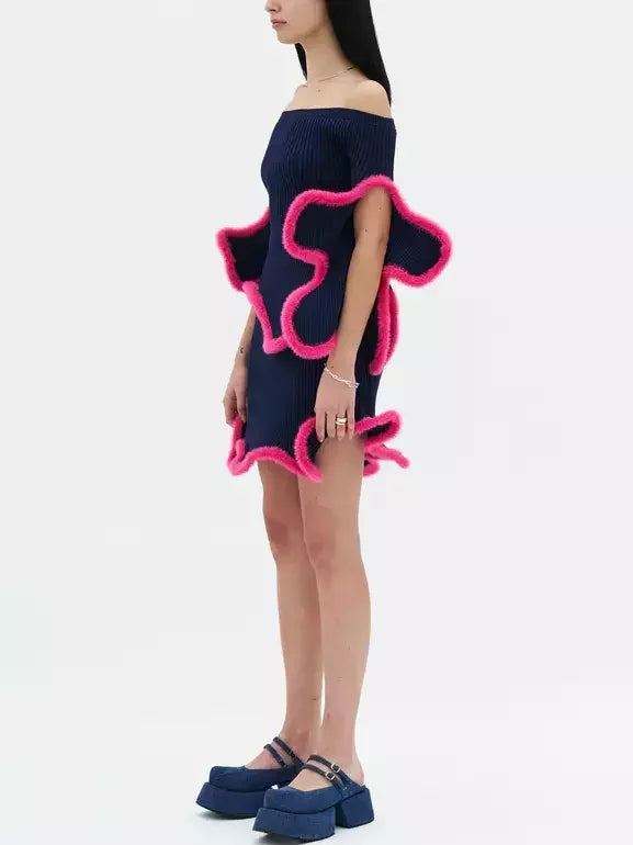 3D Fur-Trim Wavy Ribbed Knit Top and Skirt Set - Suits & Sets