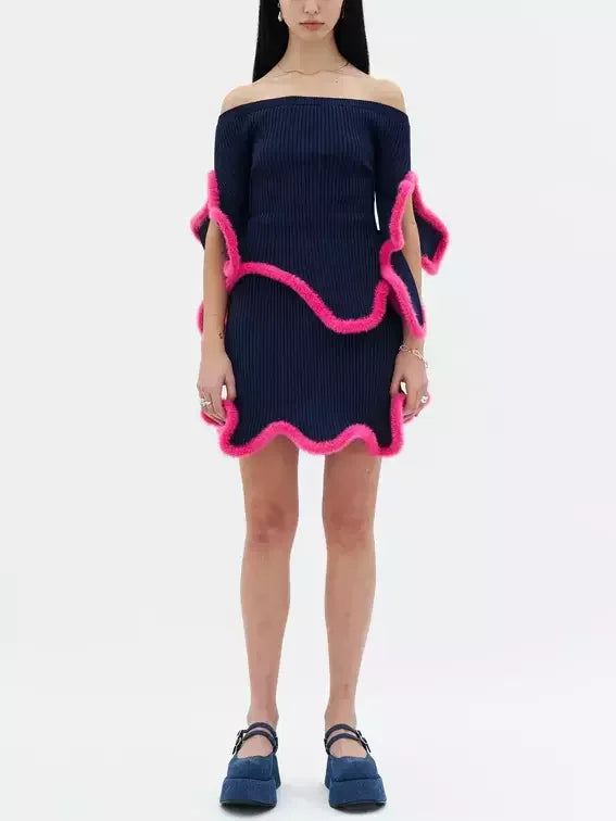 3D Fur-Trim Wavy Ribbed Knit Top and Skirt Set - Small - Suits & Sets