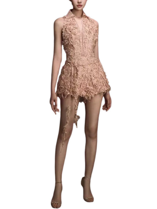 3D Leafy Embroidered Lace and Mesh Jumpsuit - Suits & Sets