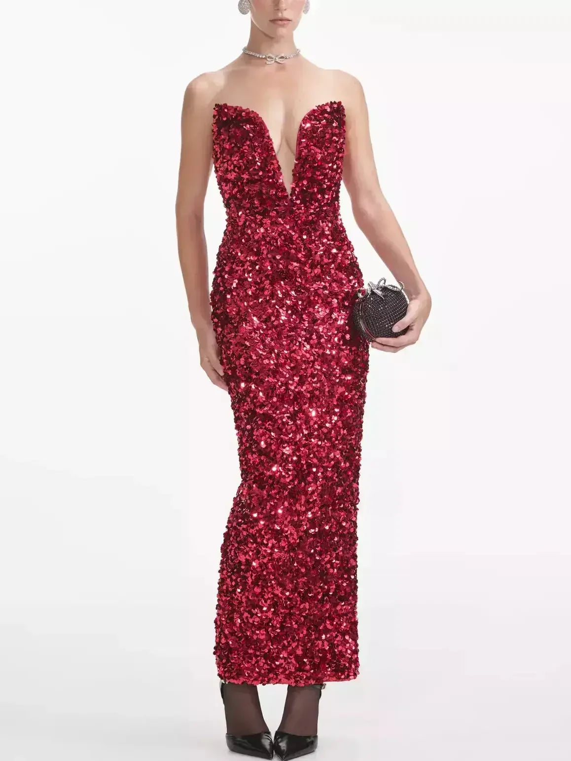 3D Long Red Strapless Sequin Dress - Dresses