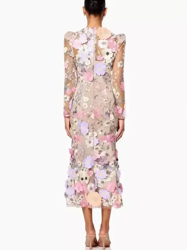 3D Multicolor Floral Appliques Mesh-Overlay Midi Dress - Dresses