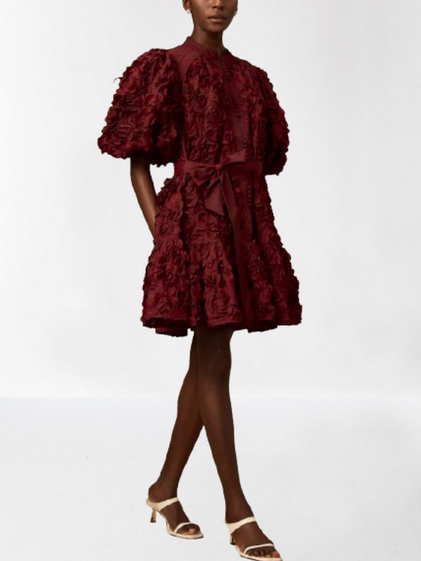 3D Petal Appliques Puff-Sleeve Belted Mini Dress - Dresses