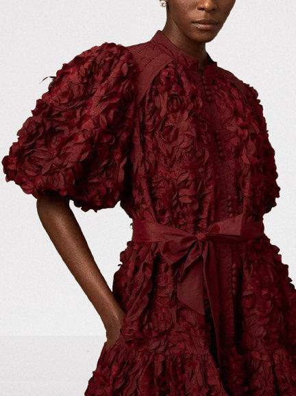 3D Petal Appliques Puff-Sleeve Belted Mini Dress - Dresses