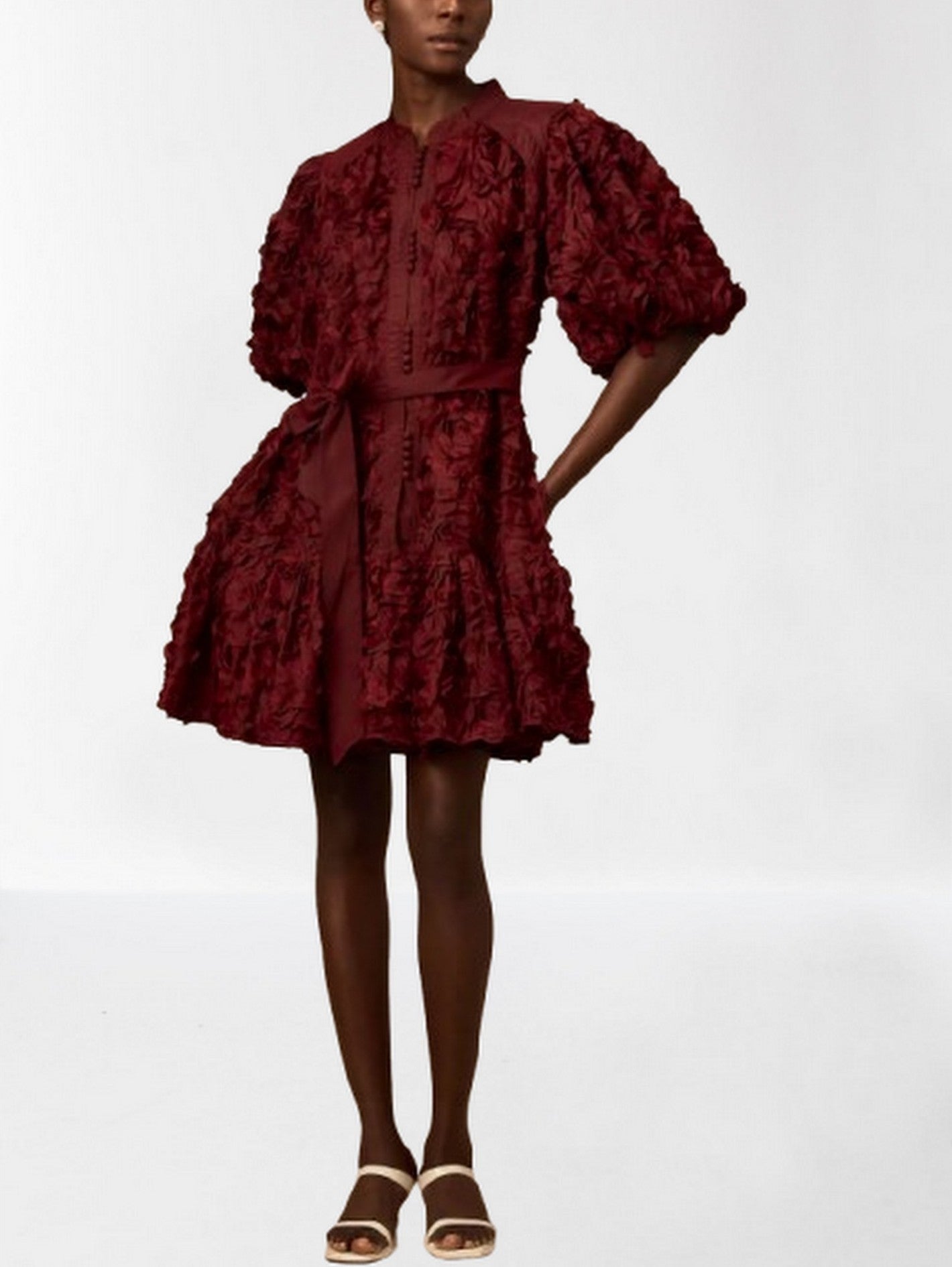 3D Petal Appliques Puff-Sleeve Belted Mini Dress - Dresses