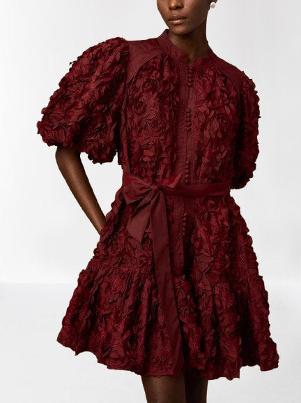 3D Petal Appliques Puff-Sleeve Belted Mini Dress - Dresses