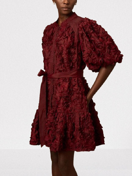 3D Petal Appliques Puff-Sleeve Belted Mini Dress - Dresses