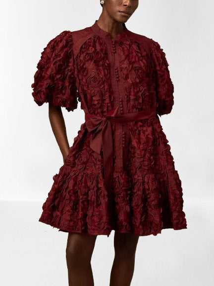 3D Petal Appliques Puff-Sleeve Belted Mini Dress - Dresses