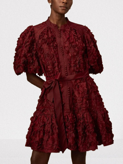 3D Petal Appliques Puff-Sleeve Belted Mini Dress - Dresses