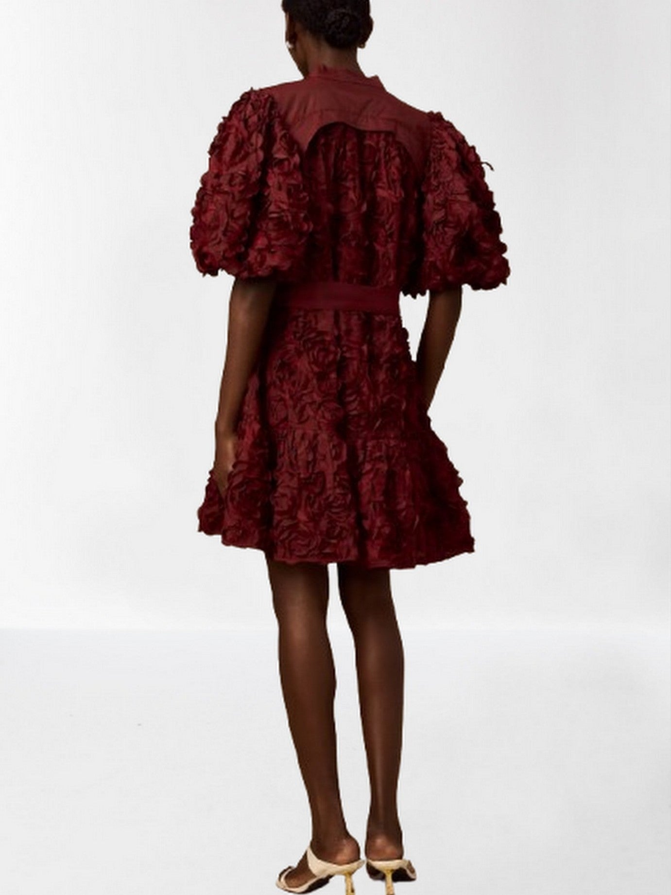 3D Petal Appliques Puff-Sleeve Belted Mini Dress - Dresses