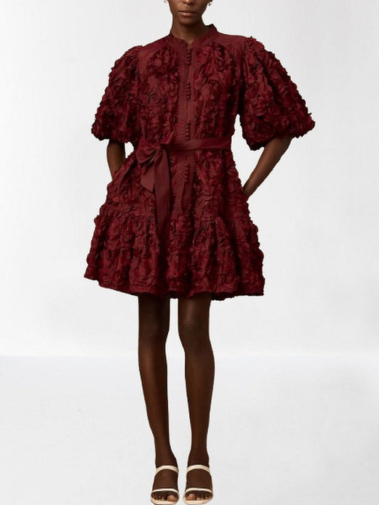 3D Petal Appliques Puff-Sleeve Belted Mini Dress - Dresses