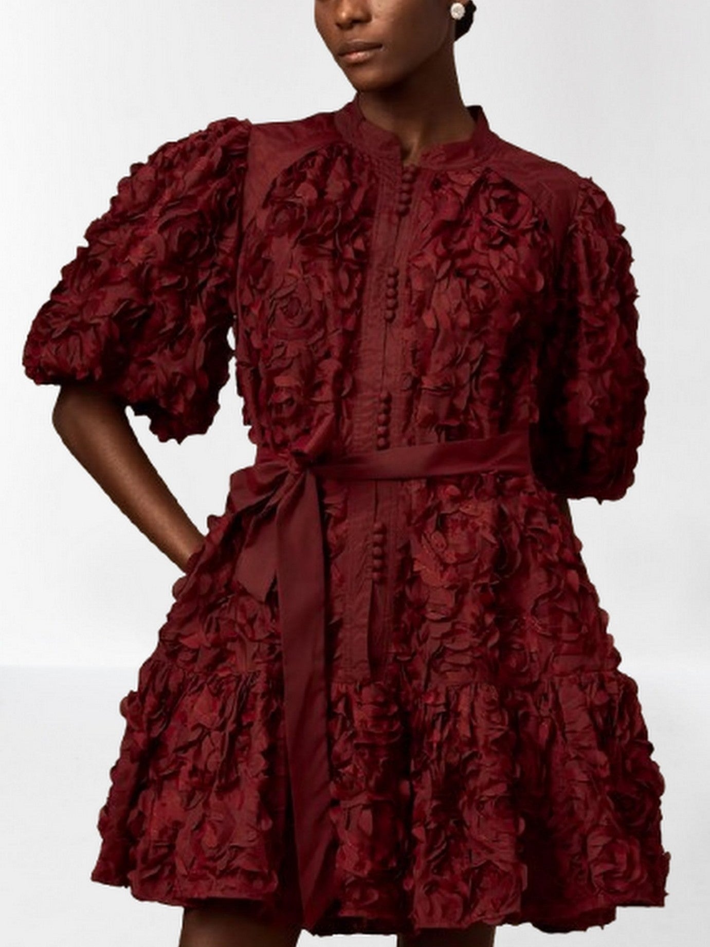3D Petal Appliques Puff-Sleeve Belted Mini Dress - Dresses