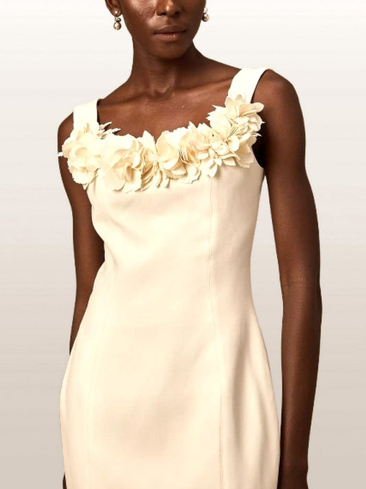 3D Petal-Appliques Sleeveless Dress in Cream - Dresses