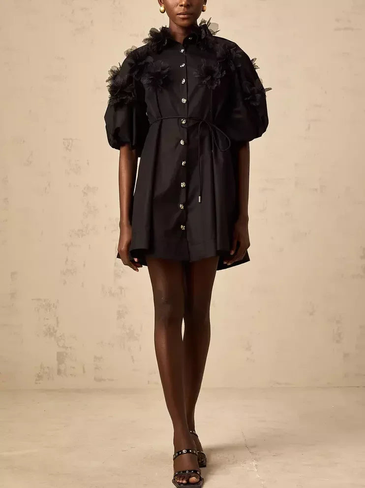 Black floral-embellished 3D-Petal Belted Mini Shirt Dress displayed on a model