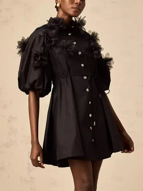 Black floral-embellished 3D-Petal Belted Mini Shirt Dress for stylish casual wear