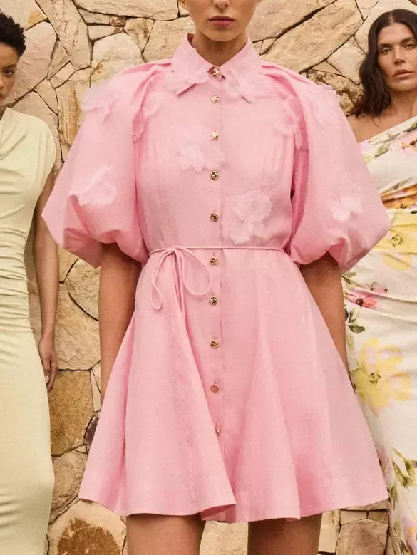 Pink 3D-Petal Belted Mini Shirt Dress with puff sleeves for stylish summer looks