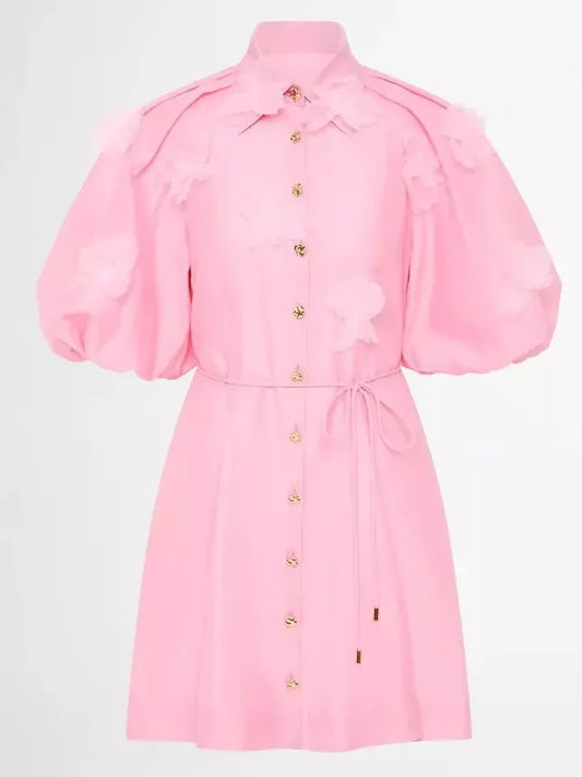 Pink 3D-Petal Belted Mini Shirt Dress with puff sleeves for stylish casual wear