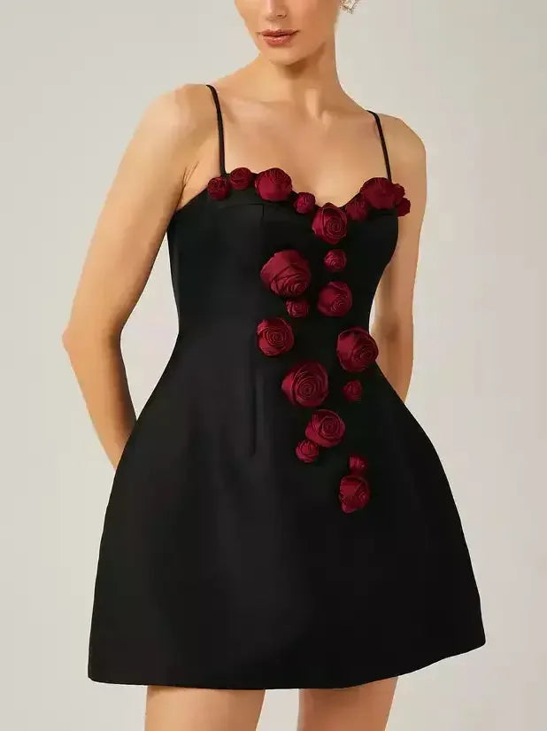 Red Rose Embellished Black Mini Dress with 3d Floral Detail Red Rose Embellished Black Mini Dress with 3d Floral Detail