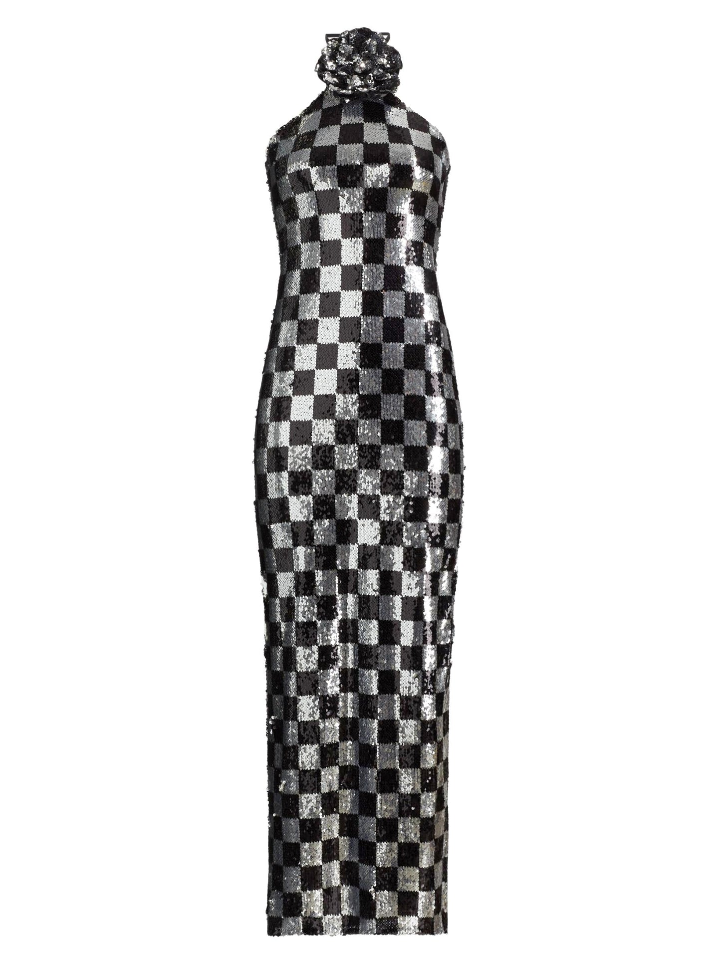 Checkered sequin halter dress showcasing silver sequin checkered design with rose collar