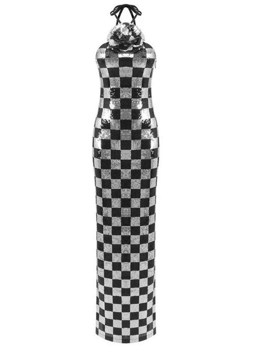 Checkered halter dress featuring a 3D Rose collar and silver sequin checkered design