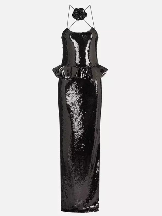 Elegant 3D-Rose-Collar Black Sequin Peplum Gown showcasing black sequin fabric