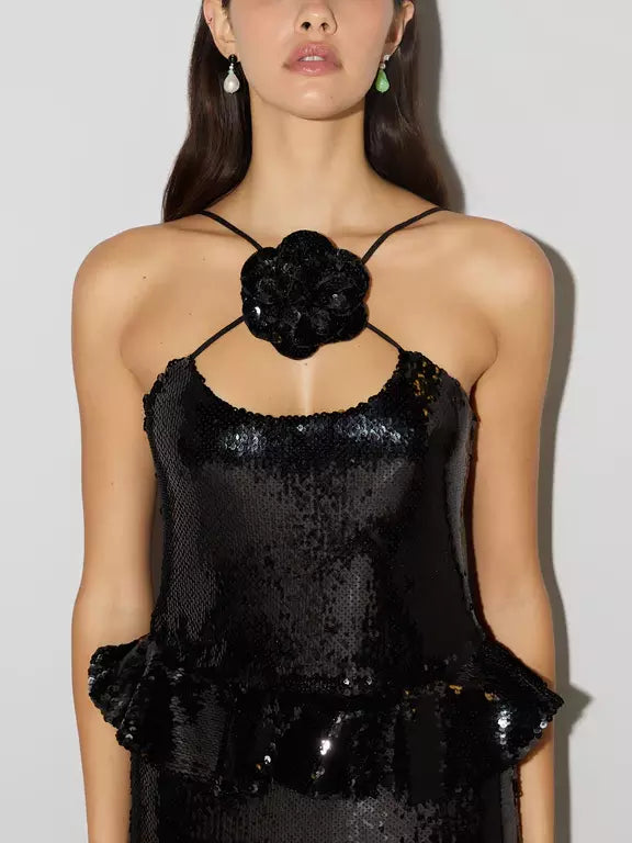 Elegant 3D-Rose-Collar Black Sequin Peplum Gown in stunning black sequins