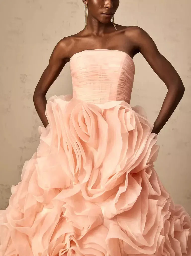 3D Rose Detail Strapless Laced-Back Midi Dress in Light Pink - Dresses