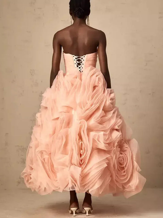 3D Rose Detail Strapless Laced-Back Midi Dress in Light Pink - Dresses