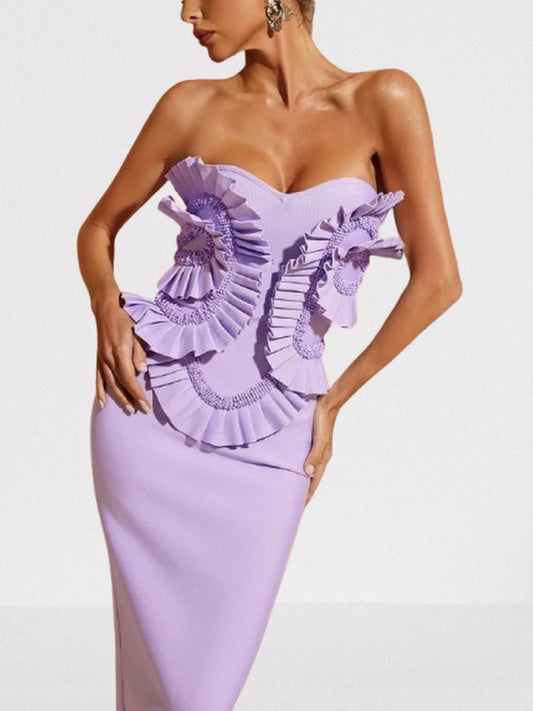 3D Ruffled Beaded Sleeveless Lilac Gown - Dresses
