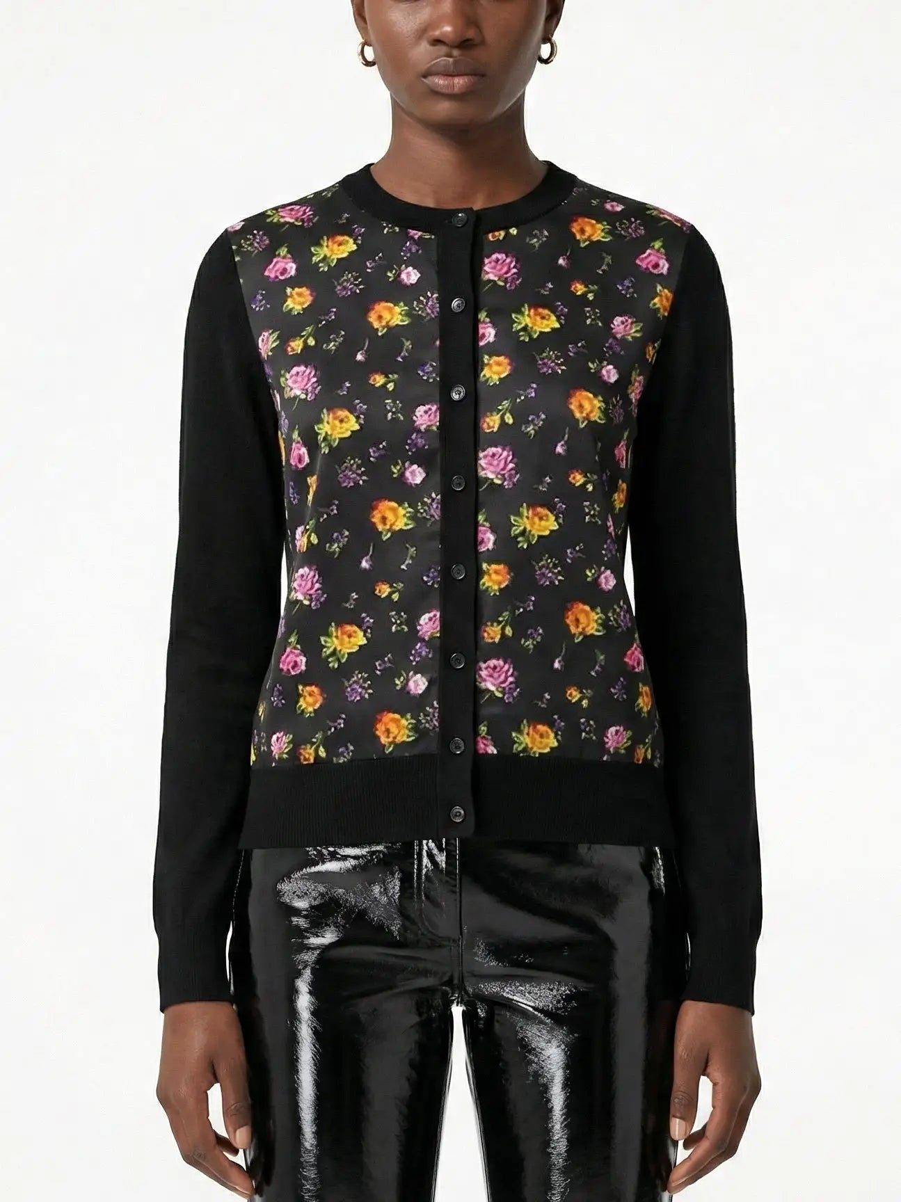 Black Silk Knit Cardigan with Multicolored Rose Print - Sweaters & Knitwear