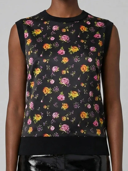 Black Silk Knit Rose Print Sleeveless Top - Tops