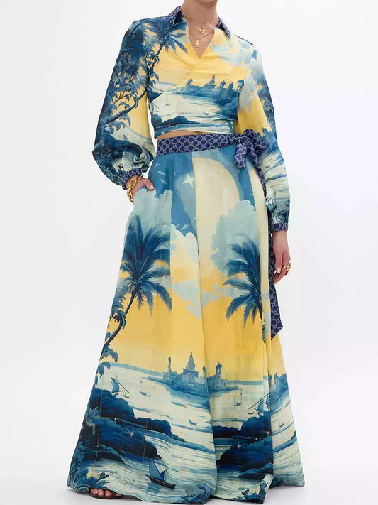 A-Line Printed Linen Wrap Maxi Skirt - Skirts
