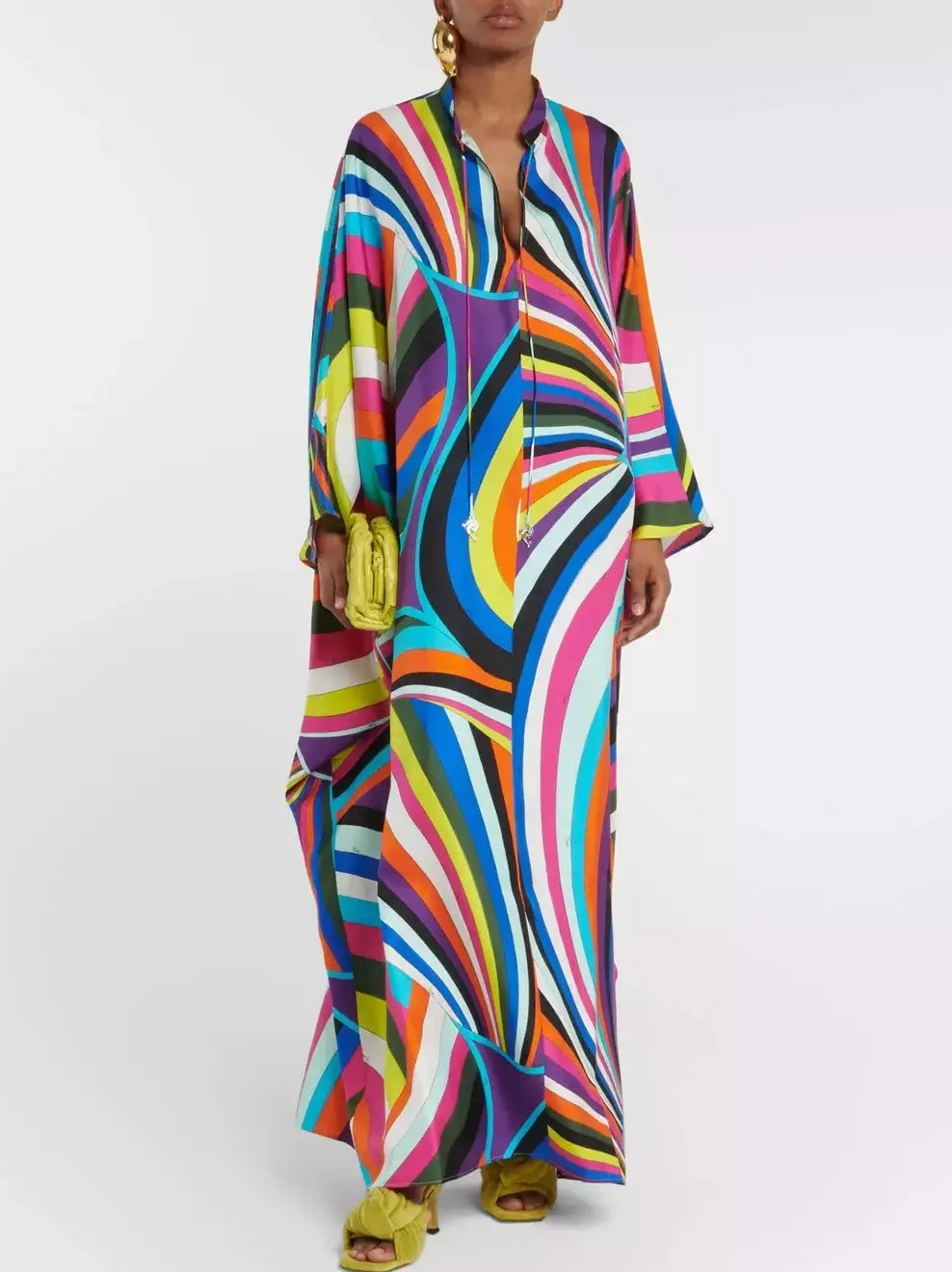 Abstract Multicolor Silk Jersey Kaftan Dress