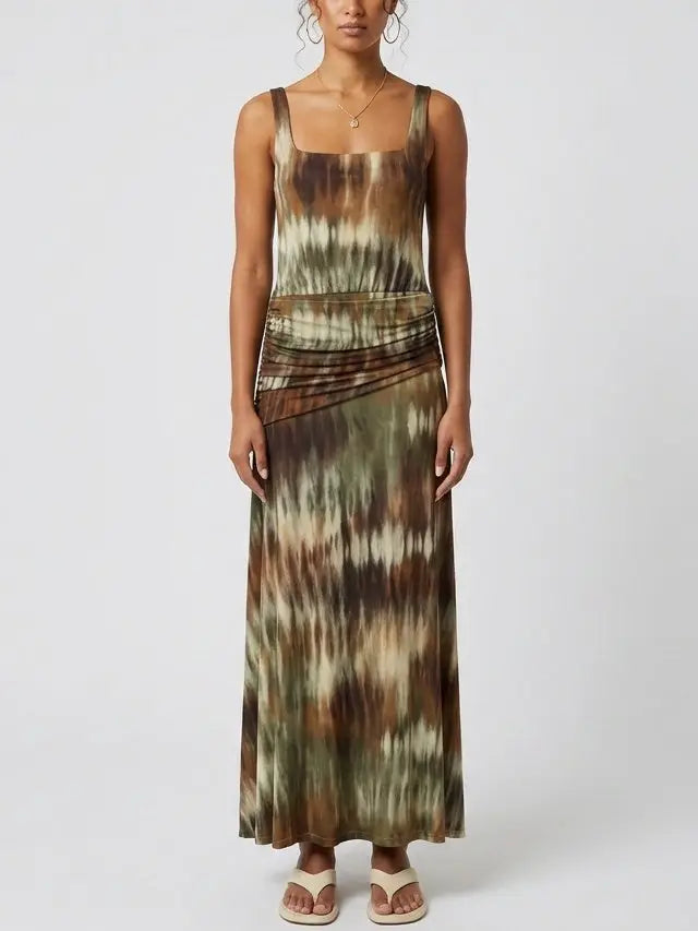Abstract Tie-Dye Effect Ruched Waist Maxi Dress