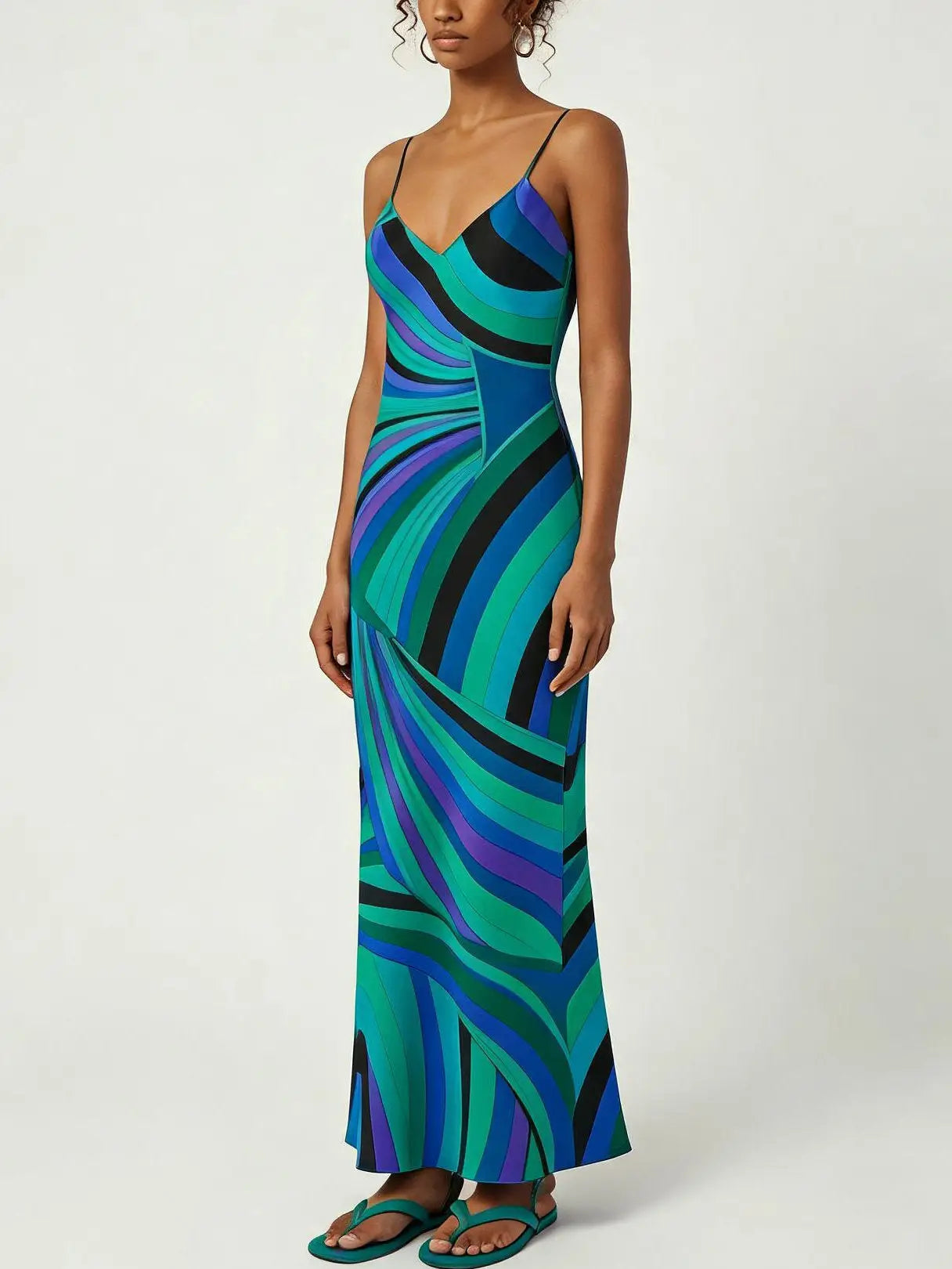 Abstract Geometric Silk Cape Maxi Dress - Dresses