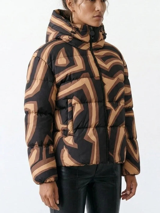 Abstract High Neck Hooded Down Puffer Jacket - Jackets