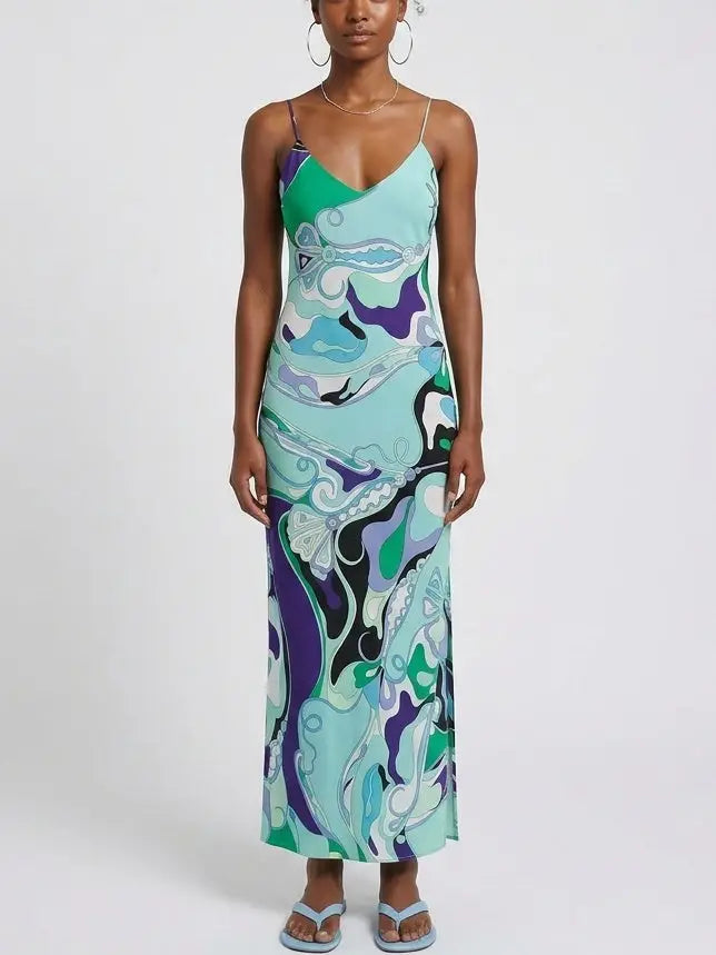 Abstract Print Silk Maxi Slip Dress - Dresses