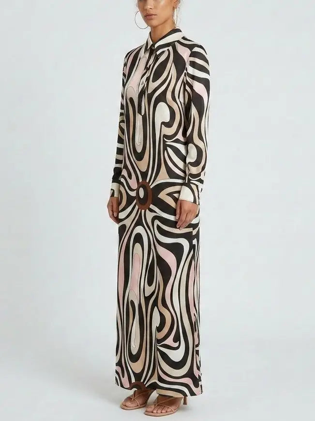 Abstract Swirl Print Long Shirt Dress - Dresses