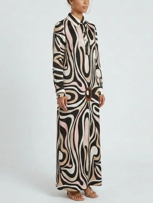 Abstract Swirl Print Long Shirt Dress - Dresses