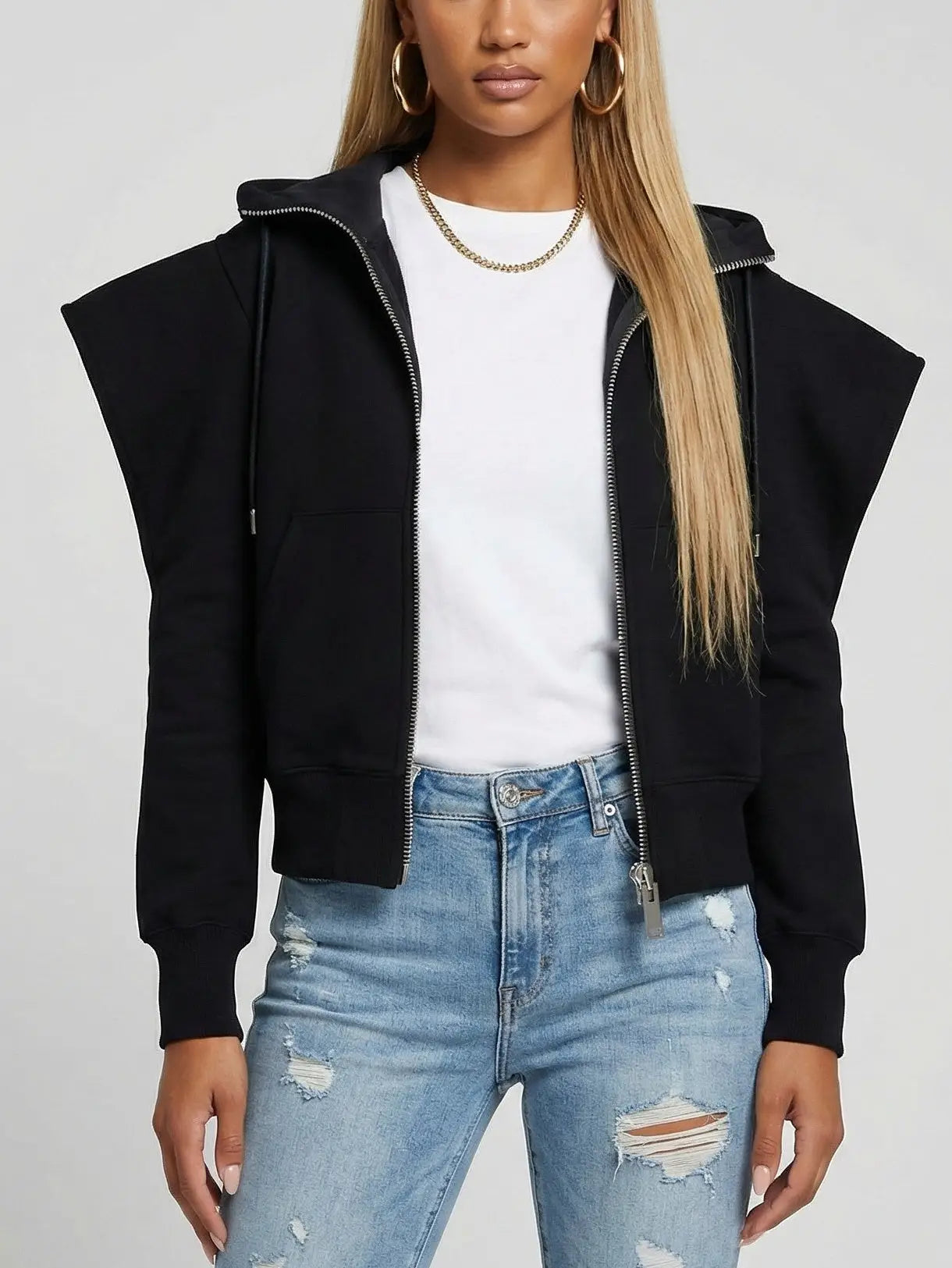 Architectural Shoulder Cotton Zip Hoodie - Tops