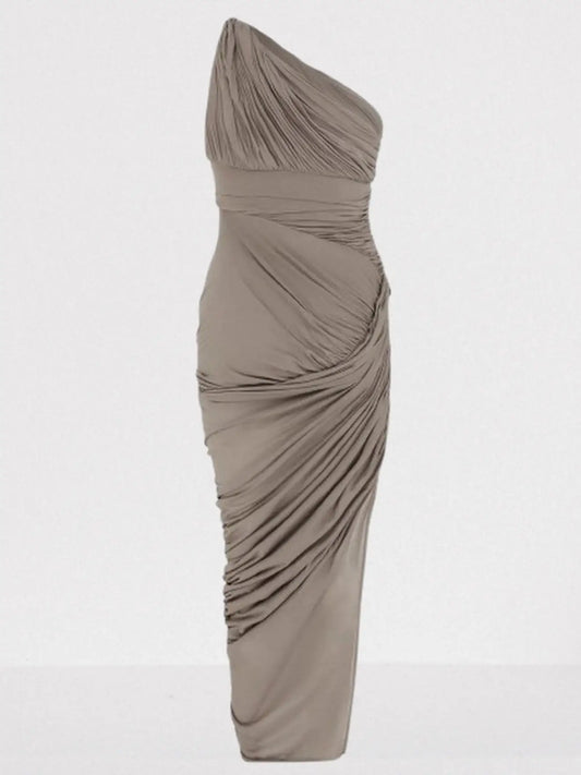Asymmetric One-Shoulder Draped Gathered Twist Dress - Dresses