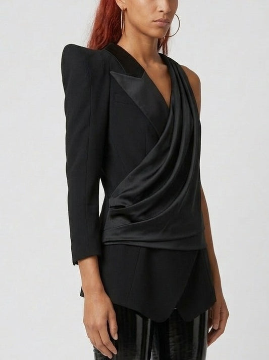 Asymmetric One-Sleeve Blazer Top with Draped Front - Tops