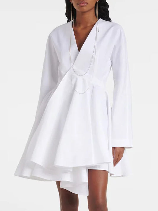 Asymmetric White Cotton V-Neck Mini Dress - Dresses