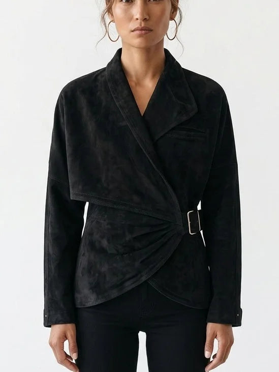 Asymmetric Wrap Suede Jacket with Buckle Waist - S / Black - Jackets