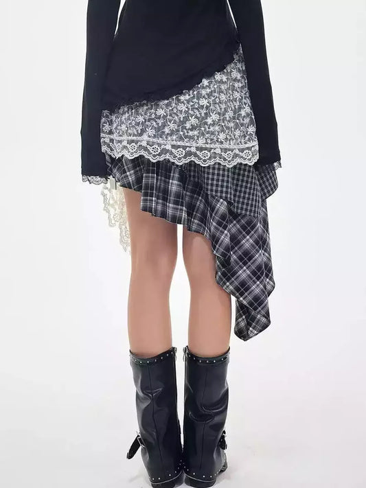 Asymmetrical Check Mini Skirt with Lace Wrap Skirts