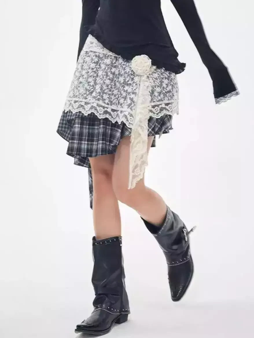 Asymmetrical Check Mini Skirt with Lace Wrap Skirts