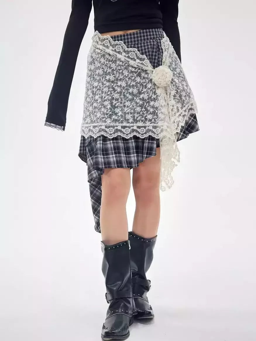 Asymmetrical Check Mini Skirt with Lace Wrap Skirts