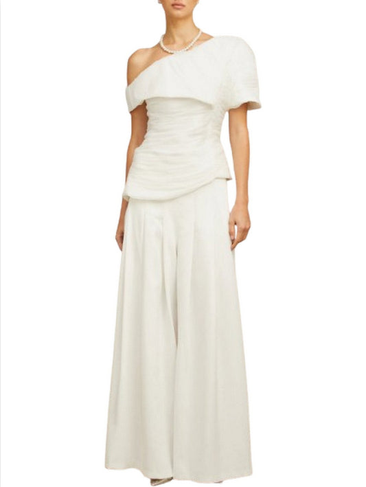 Asymmetrical Creased Top and Pant Set in White - Suits & Sets